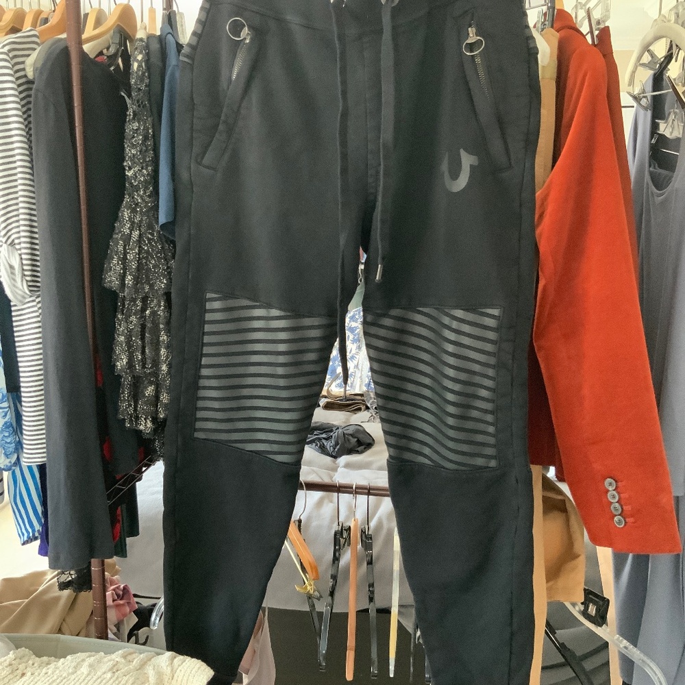 True Religion black moto trainer pants.